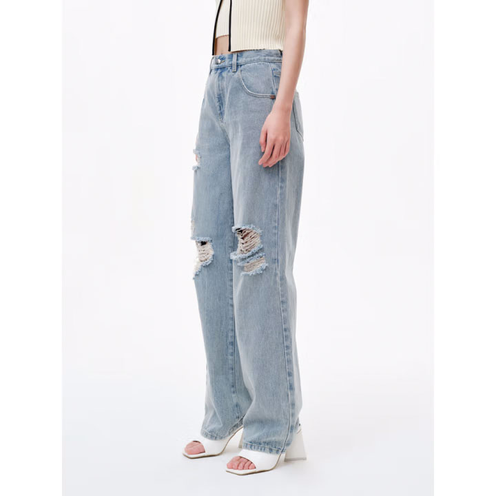 Summer new designer casual ripped straight leg jeans