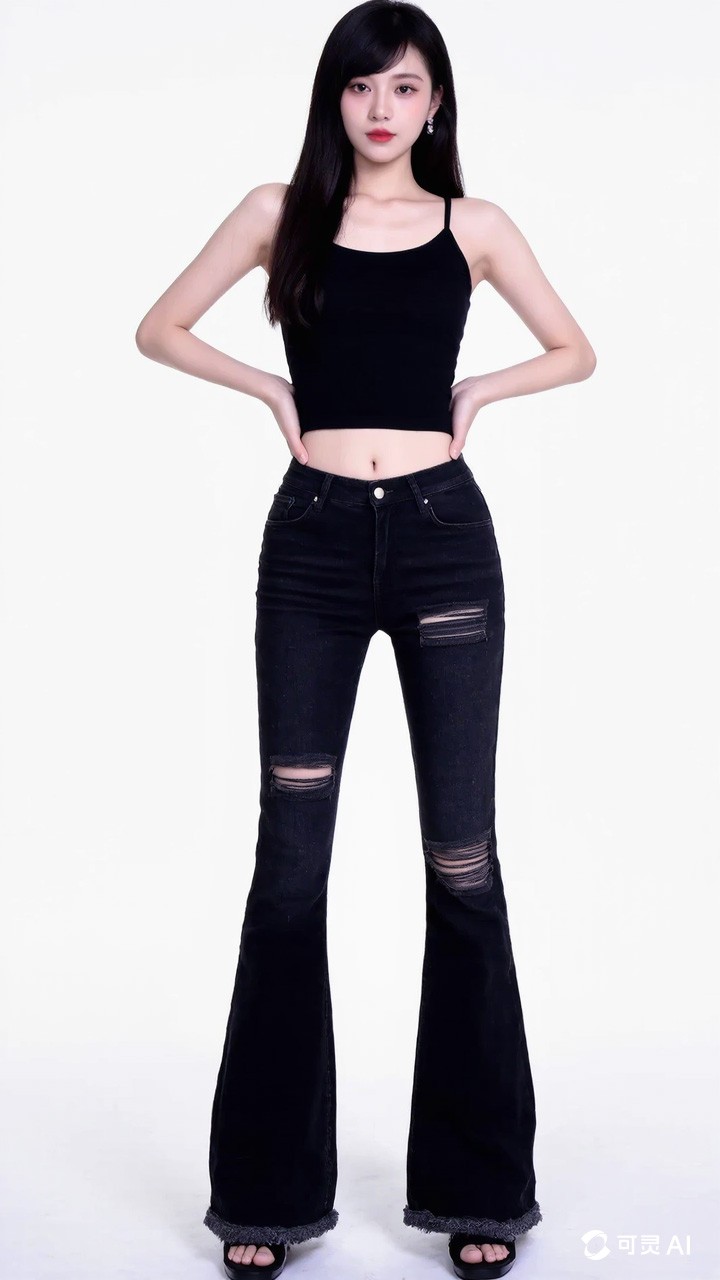 Summer 2025 women's hot selling carbon black perforated fashionable flared jeans