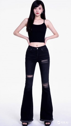 Summer 2025 women's hot selling carbon black perforated fashionable flared jeans