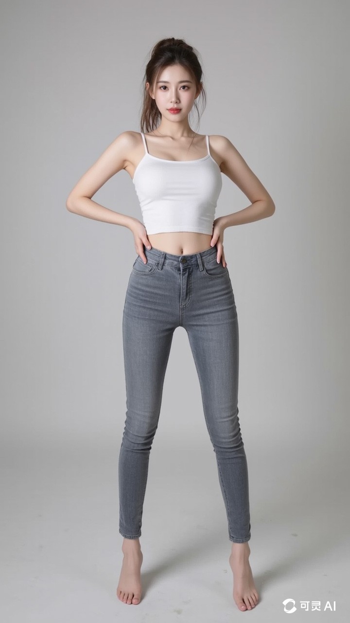 Summer women's gray and white lifted buttocks tight fitting seven quarter jeans