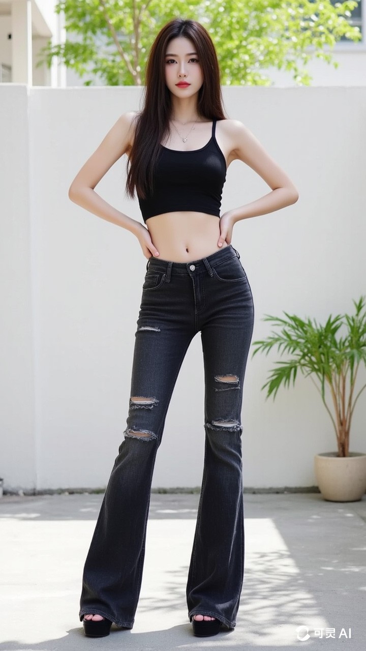 Summer 2025 women's hot selling carbon black perforated fashionable flared jeans