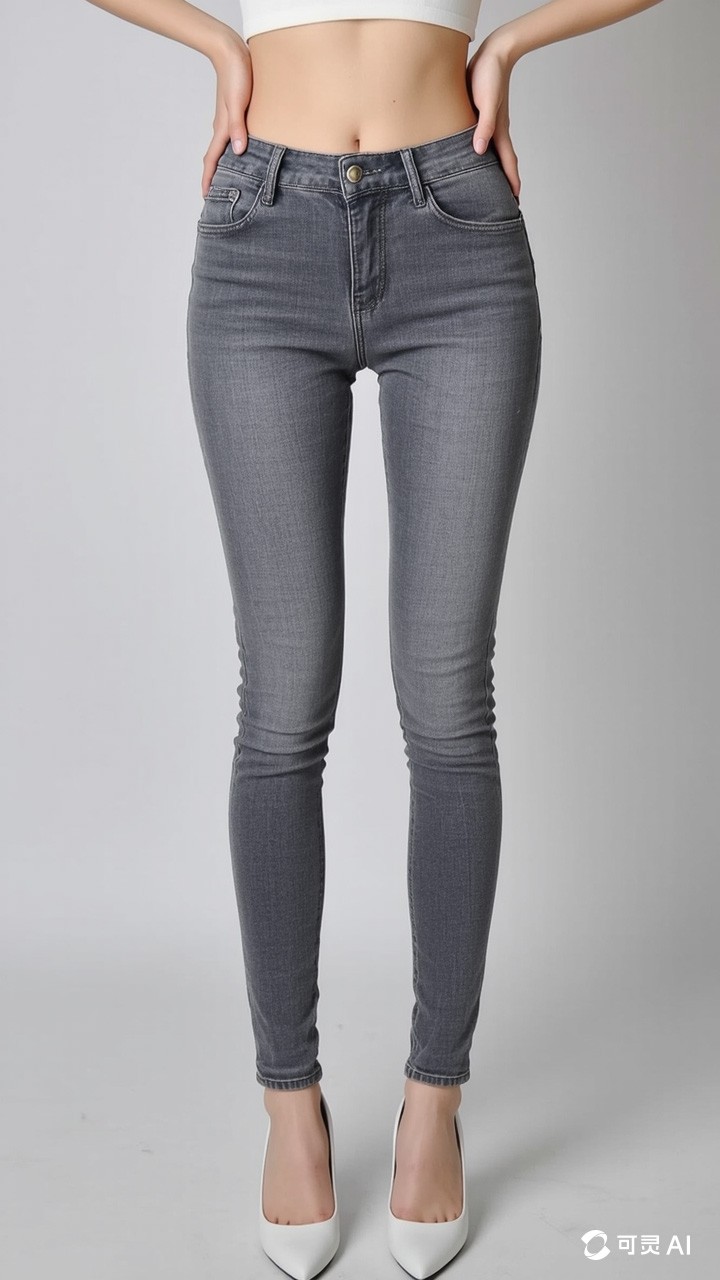 Summer women's gray and white lifted buttocks tight fitting seven quarter jeans