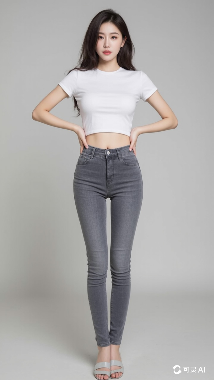 Summer women's gray and white lifted buttocks tight fitting seven quarter jeans