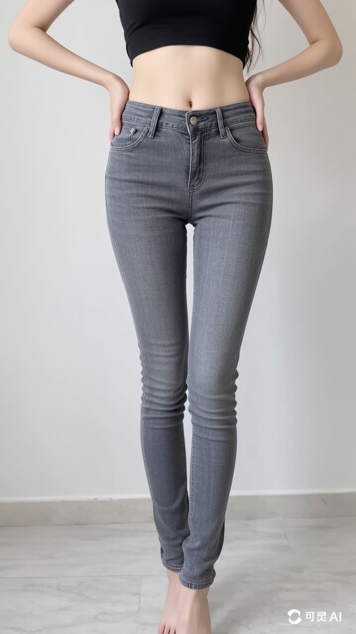 Summer women's gray and white lifted buttocks tight fitting seven quarter jeans
