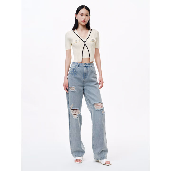 Summer new designer casual ripped straight leg jeans