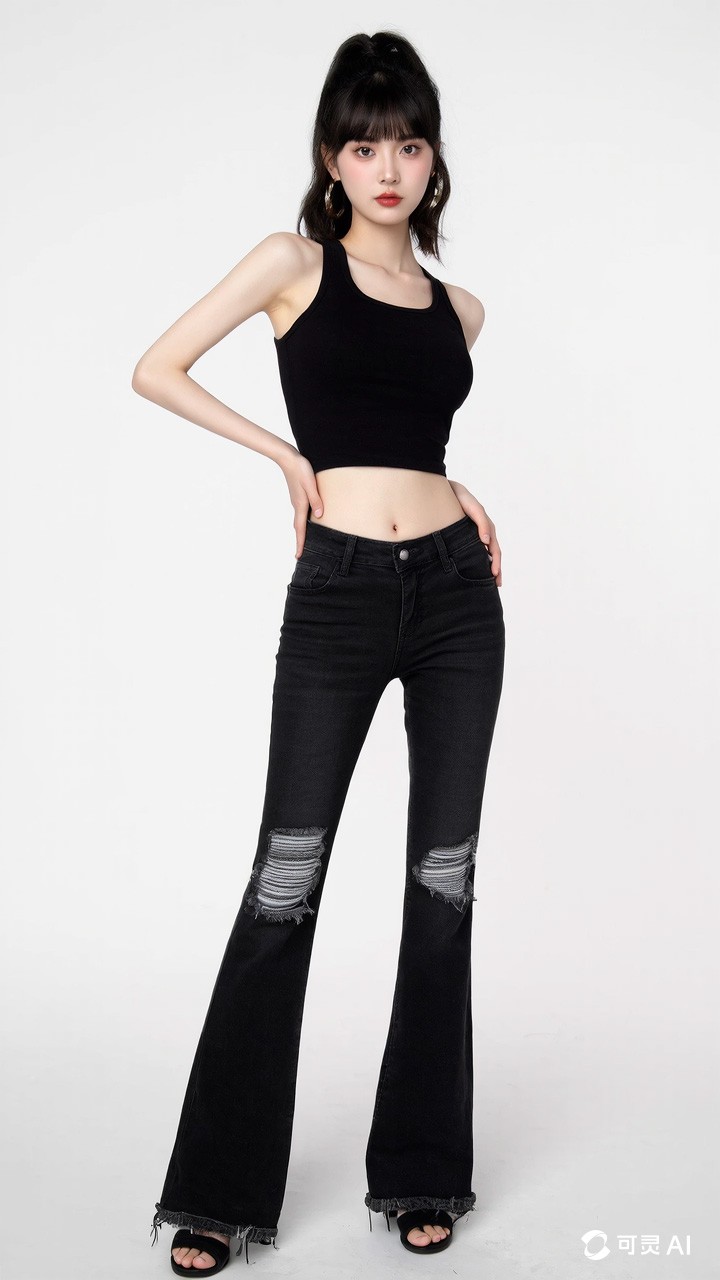 Summer 2025 women's hot selling carbon black perforated fashionable flared jeans